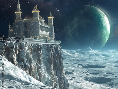 A castle is on a snowy mountain with a large planet in the background. The castle is surrounded by a wall and has a tower. The sky is dark and the planet is green