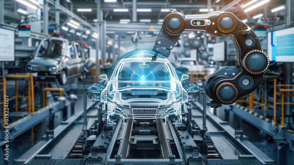 Car Factory Digitalization: Automated Robot Arm Assembly Line Manufacturing High-Tech Sustainable Electric Vehicles Car Factory Digitalization: Automated Robot Arm Assembly Line Manufacturing High-Tech Sustainable Electric Vehicles