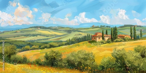 Tuscany landscape, hills and trees, old farmhouse in the distance, green grass, sunny day, blue sky,