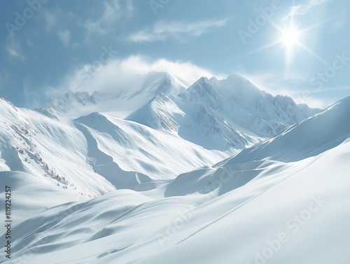 A mountain range covered in snow with a bright sun shining on it. The sun is reflecting off the snow, creating a beautiful and serene atmosphere
