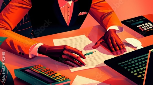 Detailed illustration of a Financial Officer preparing financial reports with computers and calculators