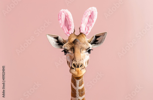 portrait of a cute giraffe wearing cute bunny ears  studio shot against a single pastel color background