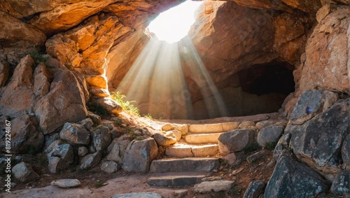 Empty tomb with stone rocky cave and light rays bursting from within.