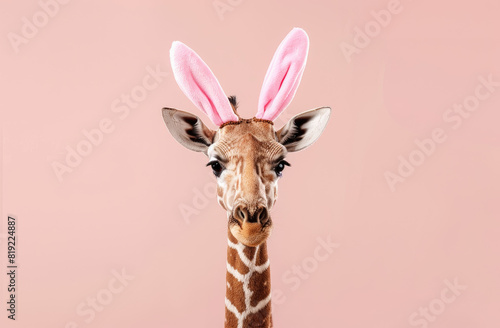 portrait of a cute giraffe wearing cute bunny ears, studio shot against a single pastel color background © Sattawat