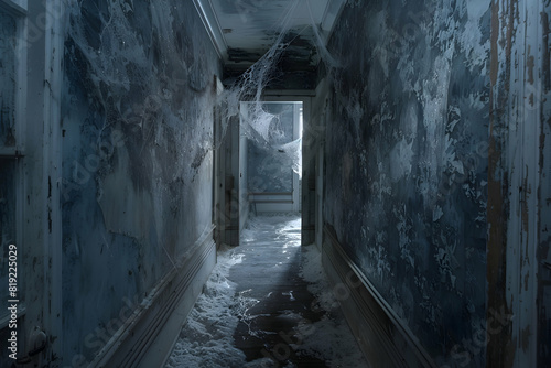 A spooky hallway in an abandoned house  with eerie shadows and cobwebs