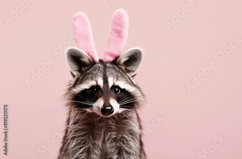 portrait of a cute Raccoon wearing cute bunny ears, studio shot against a single pastel color background