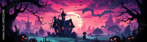 unease flat design front view haunted house theme cartoon drawing Analogous Color Scheme photo