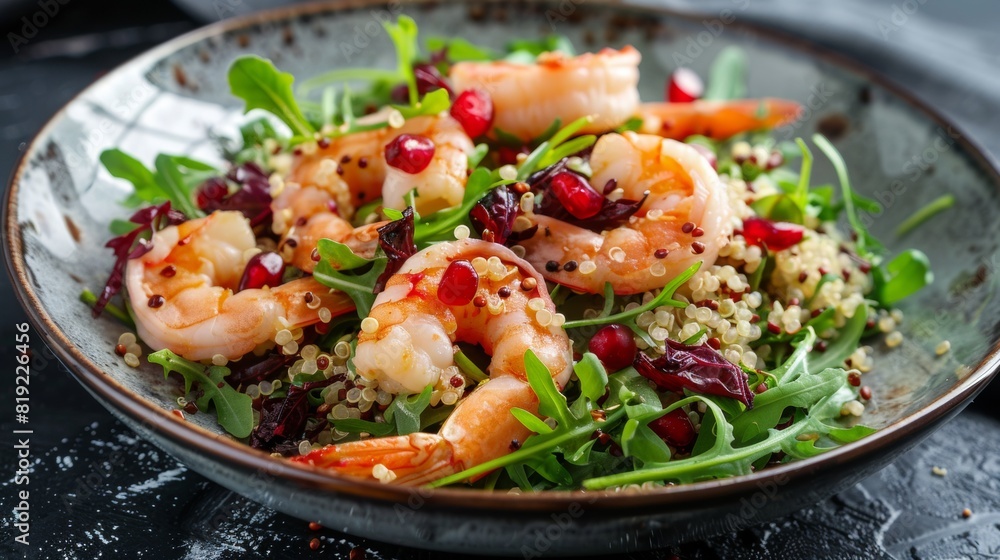 Hawaiian cuisine. Arugula with shrimp, quinoa and cranberries. Hawaiian cuisine. Arugula with shrimp, quinoa and cranberries.