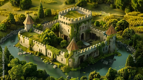 Isometric 3D render of a medieval castle surrounded by a moat and lush countryside