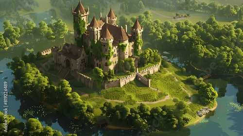 Isometric 3D render of a medieval castle surrounded by a moat and lush countryside