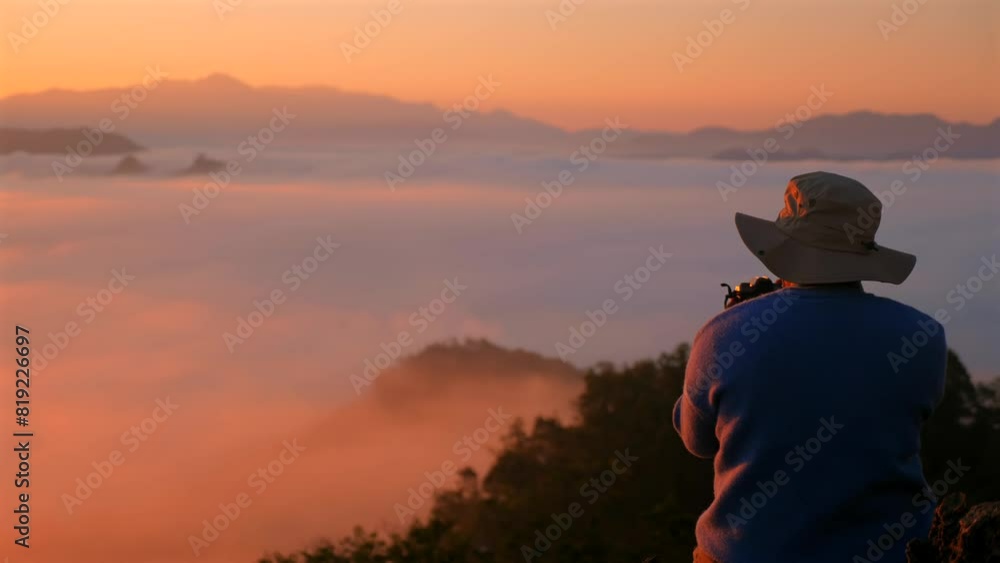 Serene early morning scene featuring person wearing hat and blue sweater overlooking beautiful mountain range blanketed with fog and bathed in warm sunrise light. Nature and outdoor photography. Serene early morning scene featuring person wearing hat and blue sweater overlooking beautiful mountain range blanketed with fog and bathed in warm sunrise light. Nature and outdoor photography.