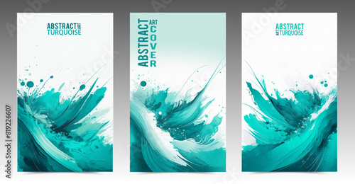  Turquoise ink and watercolor cover set. Brushstroke, splash and drops color on white background. Artistic template collection for modern flyer, business, technology and innovation concept.