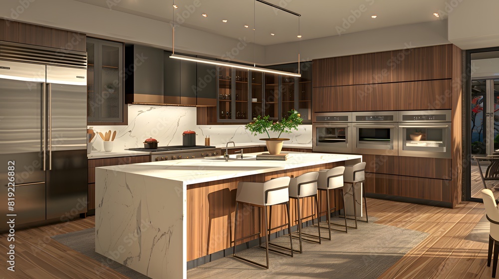 Isometric 3D render of a contemporary kitchen with sleek cabinets, a center island, and high-end appliances