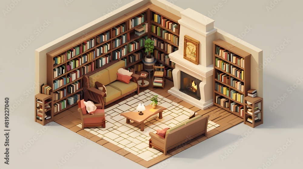 Isometric 3D render of a cozy library with bookshelves, a reading nook, comfortable chairs, and a fireplace Isometric 3D render of a cozy library with bookshelves, a reading nook, comfortable chairs, and a fireplace