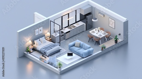 Isometric 3D render of a minimalist studio apartment with a bed, kitchenette, small dining area, and workspace photo