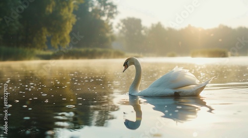 Graceful Swan at Dawn  Serenity on a Golden Sunrise Lake. Generative AI