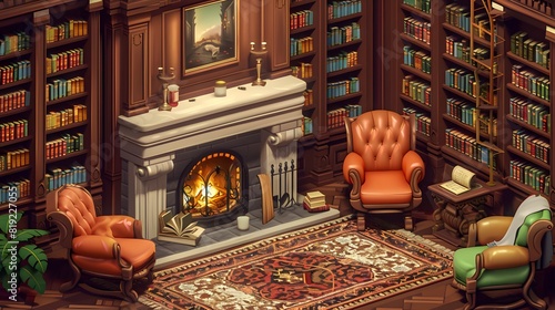 Isometric 3D render of a cozy library with bookshelves, a reading nook, comfortable chairs, and a fireplace