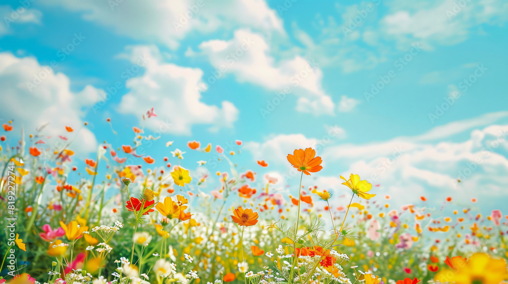Field of colorful wildflowers under blue sky
