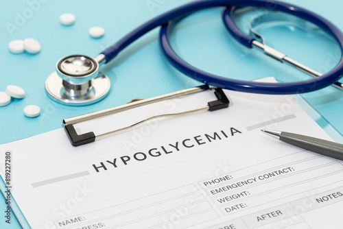 Hypoglycemia concept. Form, pills and and stethoscope on blue background