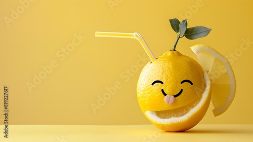 Playful lemon character with a winking face and holding a straw, isolated on a fresh background