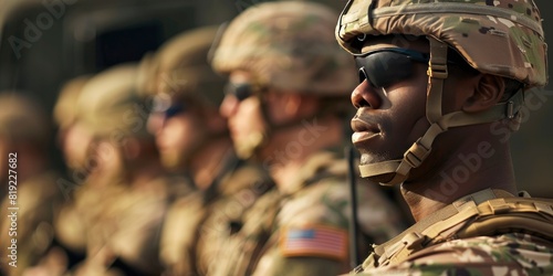 An American army soldier stands in line with other soldiers