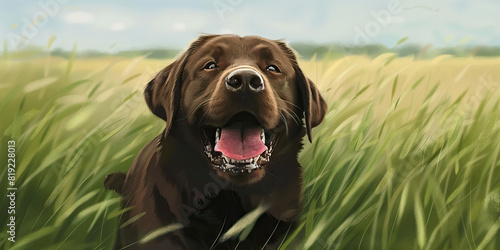 A chocolate brown labrador retriever romps through a field of waving grass, its tongue lolling out in delight