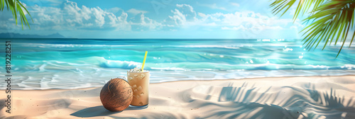 Tropical beach with sea coconut drink on sand, summer holiday background. Travel and beach vacation, ad banner, web digital header template,  photo
