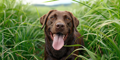 A chocolate brown labrador retriever romps through a field of waving grass, its tongue lolling out in delight
