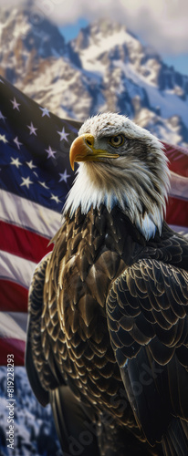 Portrait Eagle  close-up  looking at the camera. American Flag background.