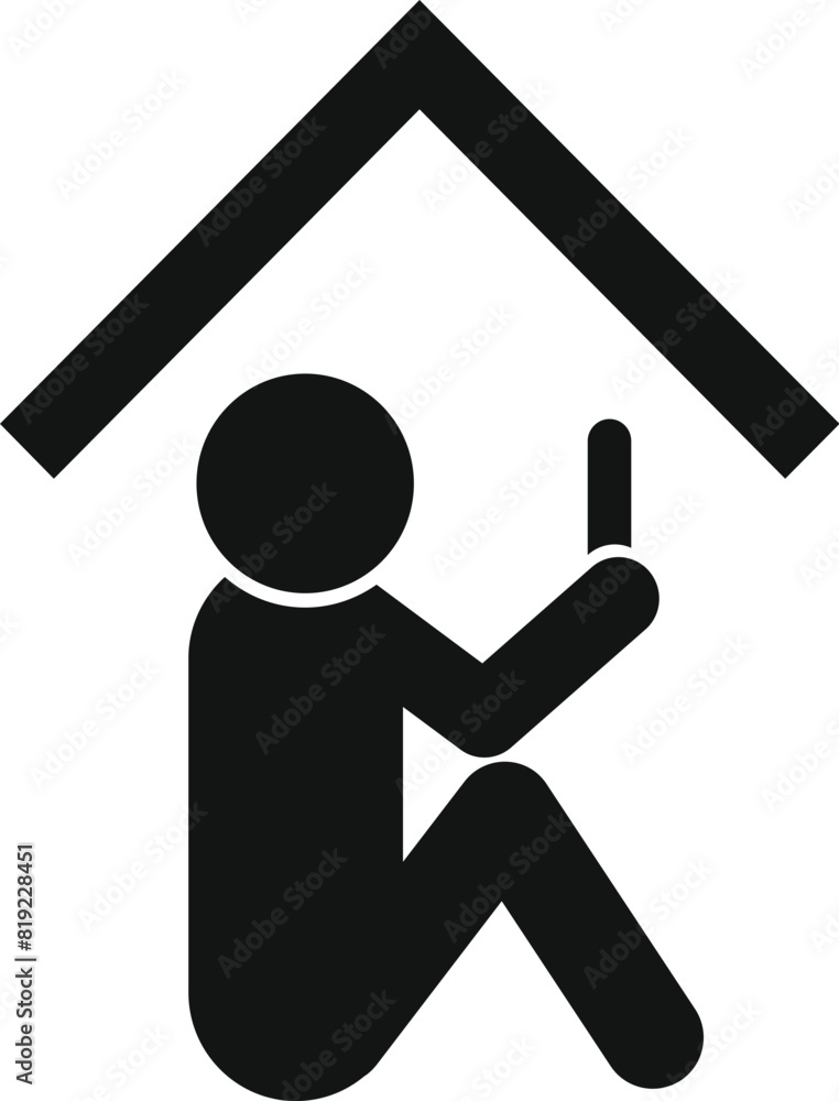 Graphic icon depicting a person seated under a house roof, symbolizing staying at home Graphic icon depicting a person seated under a house roof, symbolizing staying at home