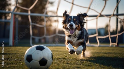 Dog playing football, running on the pitch