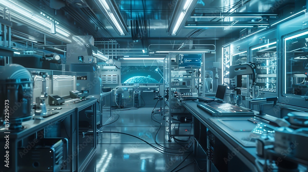 Obraz premium A research facility with transparent laboratories conducting AI-driven medical experiments