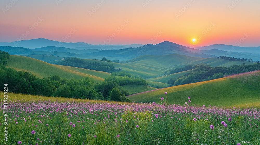 A picturesque countryside landscape with rolling hills under a sky painted in gentle shades of peach, blush pink, and baby blue, as the sun sets behind a distant mountain range.