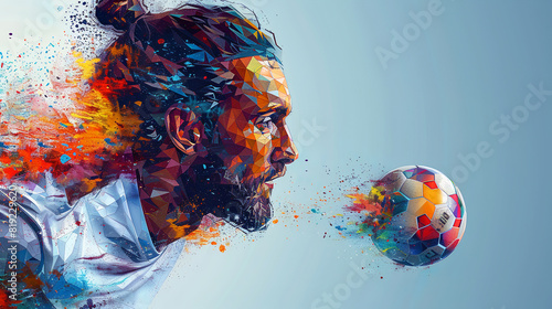 color illustration of a soccer player with a ball in front of his head, close-up view and side break background