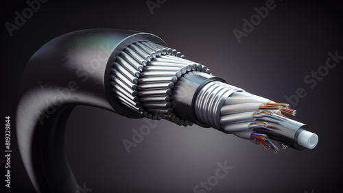 Fotografía Armoured submarine fiber optic cable structure on black background