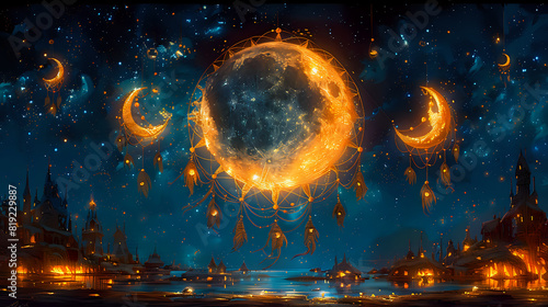 Fantasy Night Sky with Illuminated Moons and Stars.Fantasy scene of a night sky filled with illuminated moons and stars, perfect for fantasy art blogs, creative projects, and magical decor.