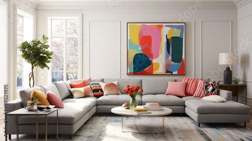 A contemporary living room with a mix of patterns and textures, showcasing a gray sectional, a patterned rug, and colorful artwork on the walls.