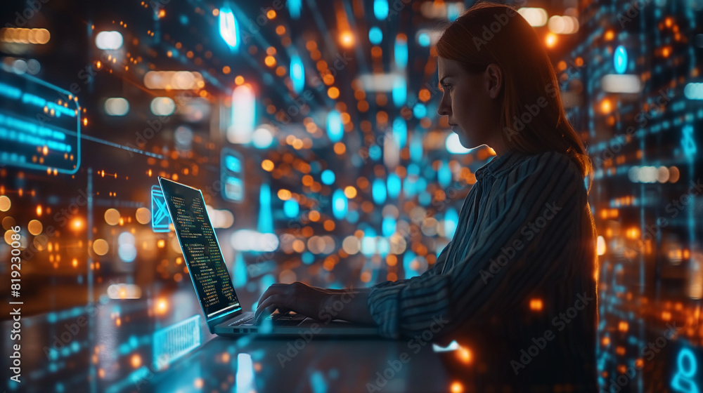 Fototapeta premium A woman is sitting at a desk with a laptop in front of her