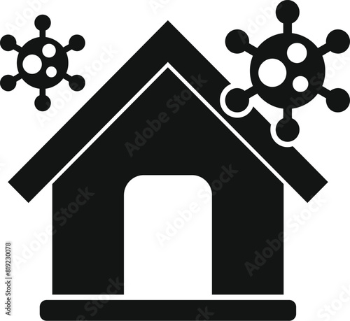 Black and white illustration of a house with virus symbols, representing quarantine and safety