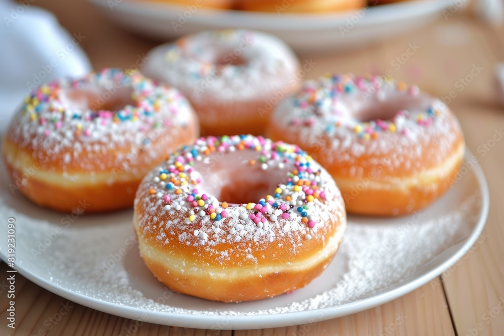 Sprinkled baked donuts on white plate on the wooden table