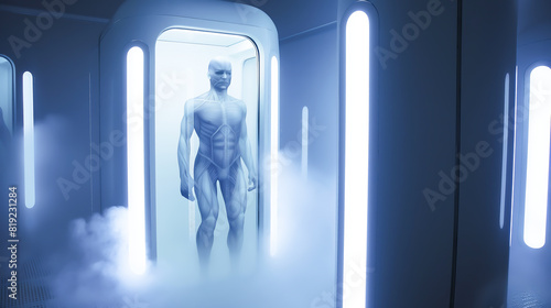 Human clone factory, Human in the capsules, capsule with human body inside illuminated with white light. Science fiction cryonics technology for humans. Cryo chamber. Cryopod with misted glass photo