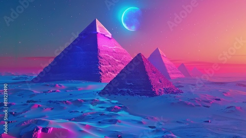 Metaversal vivid pyramids in a desert landscape with glowing neon moon in the sky.
