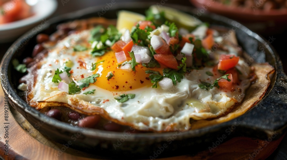 Mexican Huevos Rancheros with a side of refried beans. Mexican Huevos Rancheros with a side of refried beans.
