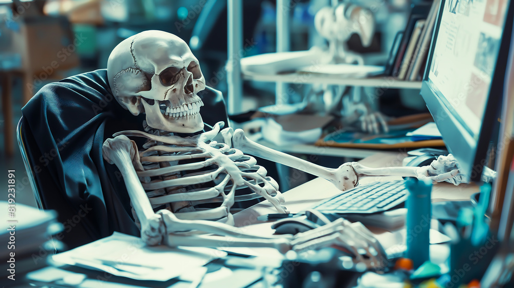 Skeleton businessman working in the office. Dead skeleton working at office