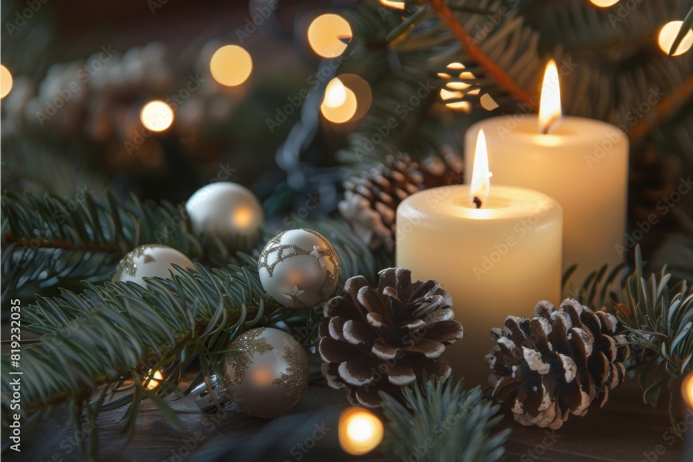Elegant Christmas dinner table adorned with pine tree, glowing candles, and holiday ornaments - Seasonal Festivity - Interior Design - Catering Services Elegant Christmas dinner table adorned with pine tree, glowing candles, and holiday ornaments - Seasonal Festivity - Interior Design - Catering Services