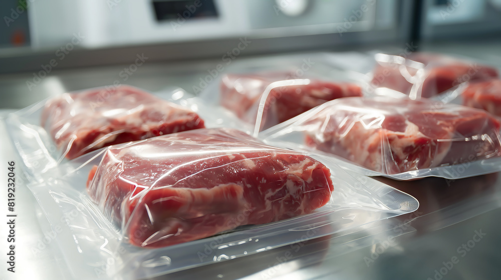 Lab grown meat samples, packaged and market-ready, created in modern laboratories