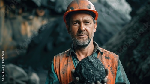 Miner man worker holds coal palm. Concept mining. Miner man underground in a mine for coal mining photo