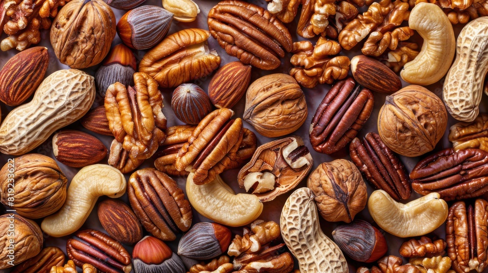 Mix of different kinds of natural nuts background, including of pecan, almond, cashew, and other nuts Mix of different kinds of natural nuts background, including of pecan, almond, cashew, and other nuts