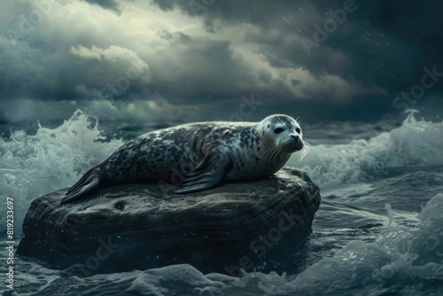 A seal relaxing on a rock in the ocean. Suitable for marine wildlife themes