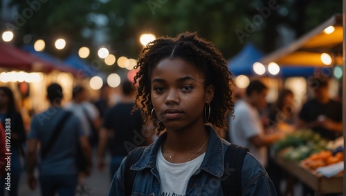 Black student girl on local fest, street market, at city festival, on campus, party.